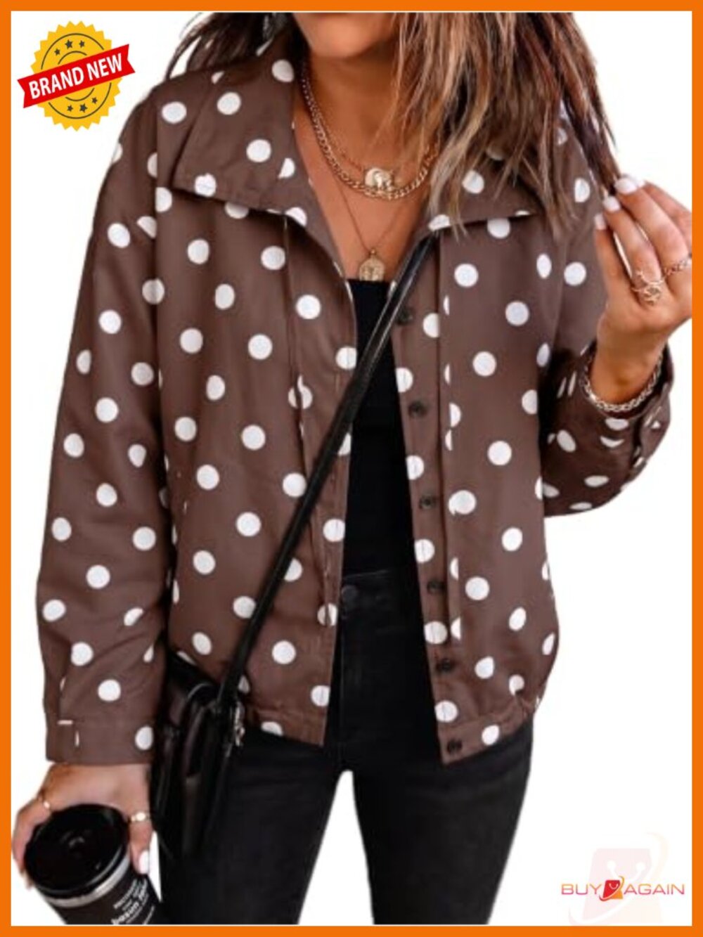 Polka Dot Funnel Neck Drawstring Button Down Cropped Jacket Oversized